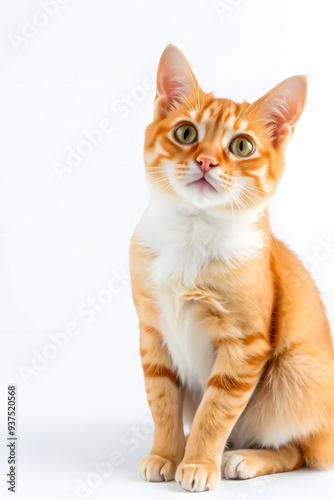 A cute orange tabby kitten with large green eyes, sitting against a white background. The kitten has a fluffy coat with distinctive stripes and a curious expression.