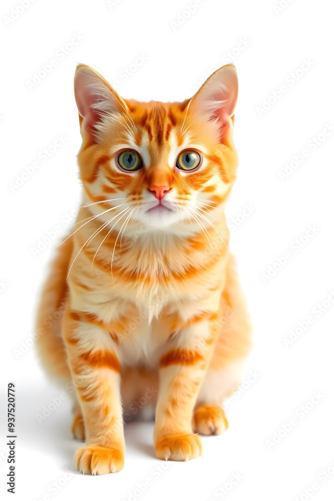 Fototapeta premium A cute orange tabby kitten with large green eyes, sitting against a white background. The kitten has a fluffy coat with distinctive stripes and a curious expression.