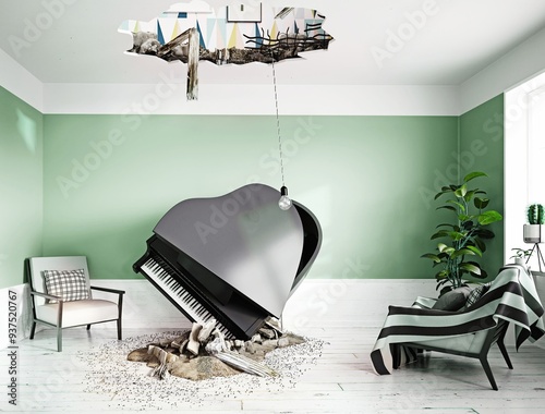 broken ceiling and falling piano photo