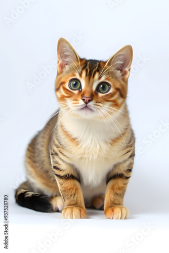 A close-up portrait of a curious tabby cat with large green eyes and a fluffy coat. The cat is sitting upright against a white background, showcasing its distinct stripes and white chest.