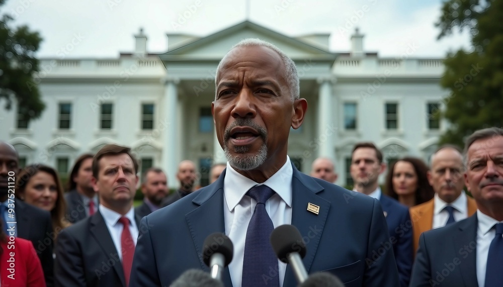 An African American senator speaks confidently to the press in front of the White House, showcasing authority. An African American senator speaks confidently to the press in front of the White House, showcasing authority.
