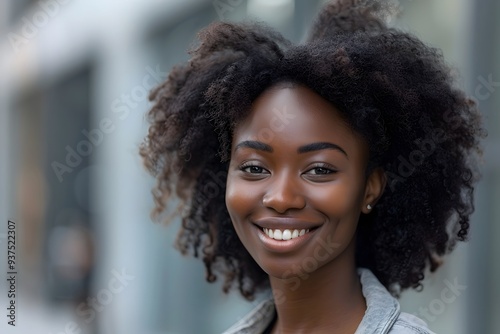 Cheerful Black Woman with Curly Hair Smiling Outdoors