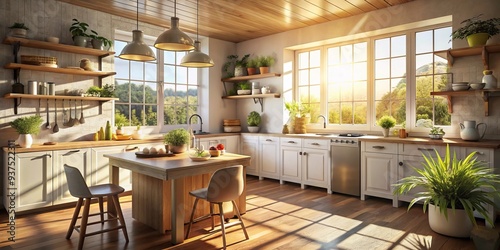 morning sunlight gentle shadows slow morning rituals warm kitchen atmosphere calming hues photo