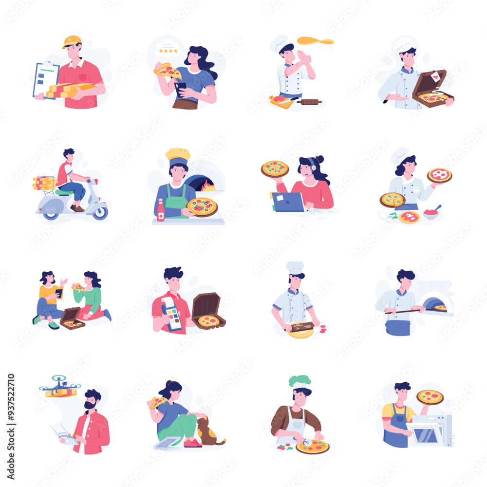 Fototapeta premium Pack of Pizza Store Flat Illustrations