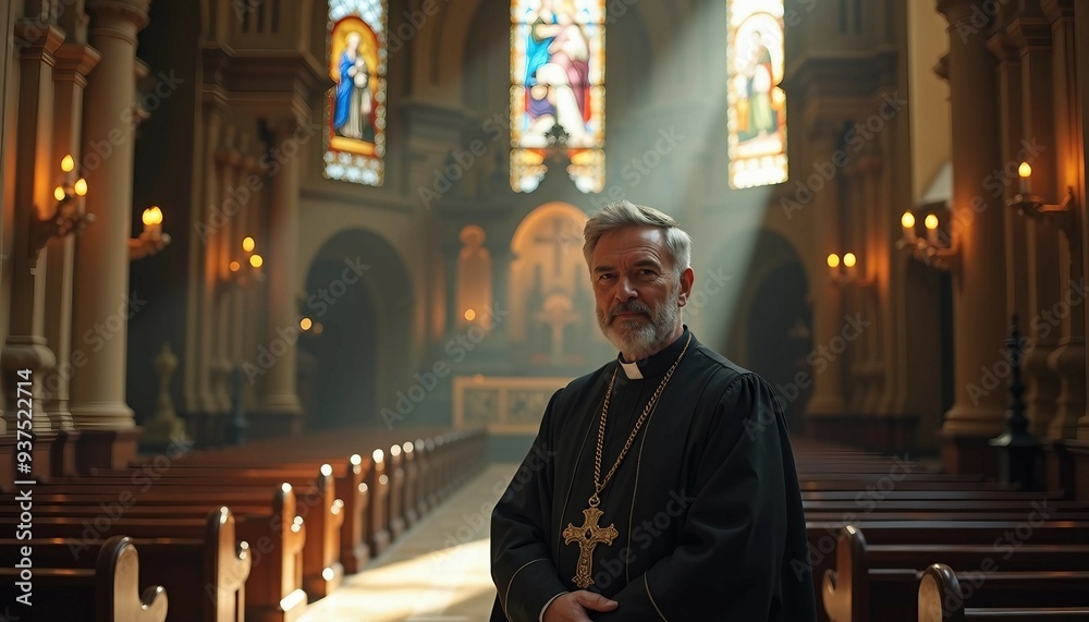 A priest in traditional attire stands in a historic church, softly lit, with blurred architectural details.
A priest in traditional attire stands in a historic church, softly lit, with blurred architectural details.