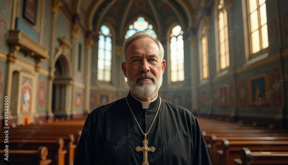 A priest in traditional attire stands in a historic church, softly lit, with blurred architectural details. A priest in traditional attire stands in a historic church, softly lit, with blurred architectural details.