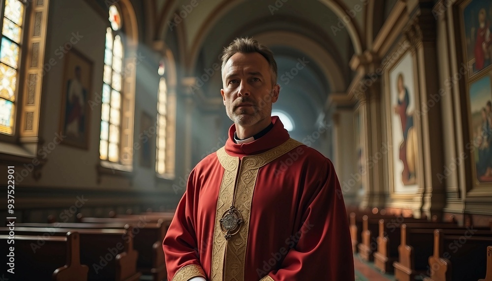 Naklejka premium A priest in traditional attire stands in a historic church, softly lit, with blurred architectural details.