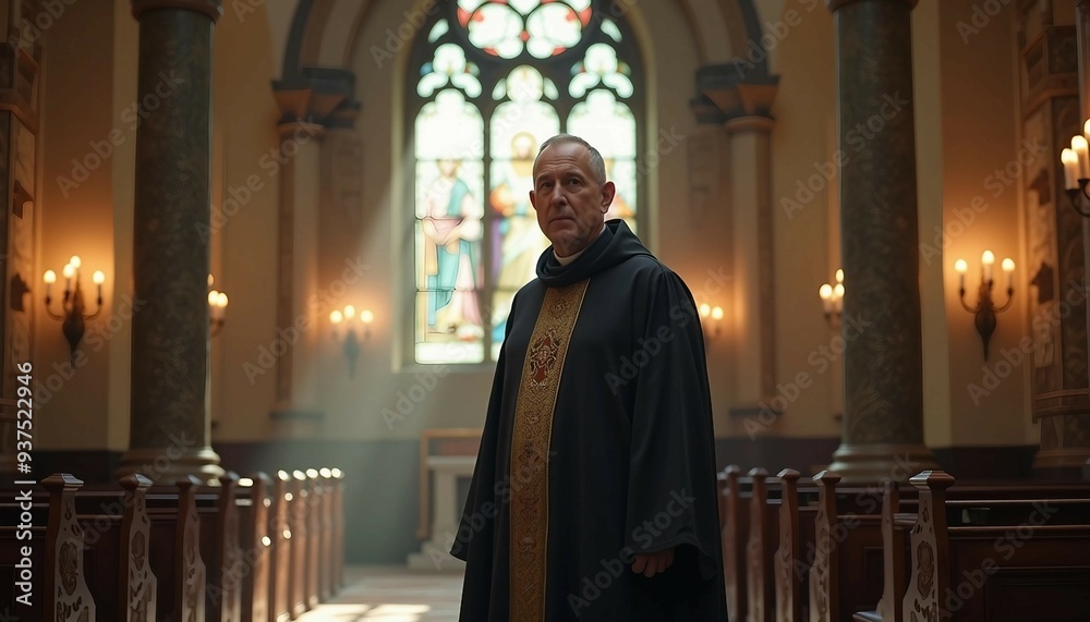 A priest in traditional attire stands in a historic church, softly lit, with blurred architectural details.
A priest in traditional attire stands in a historic church, softly lit, with blurred architectural details.