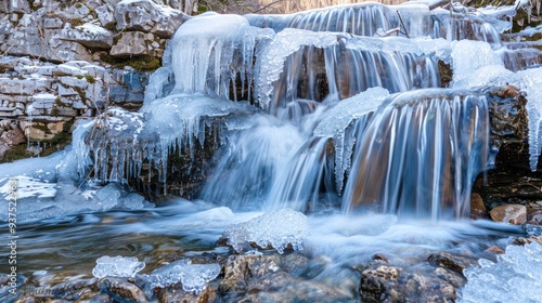 A frozen stream cascading over a rocky waterfall, creating a mesmerizing display of ice sculptures.