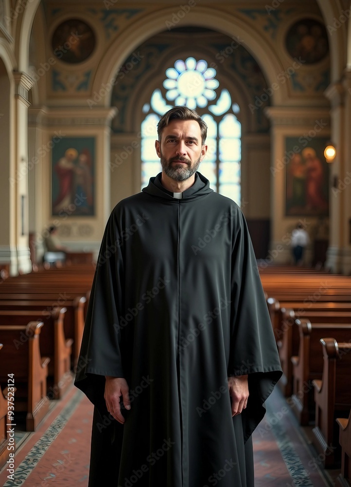 Naklejka premium A priest in traditional attire stands in a historic church, softly lit, with blurred architectural details. 