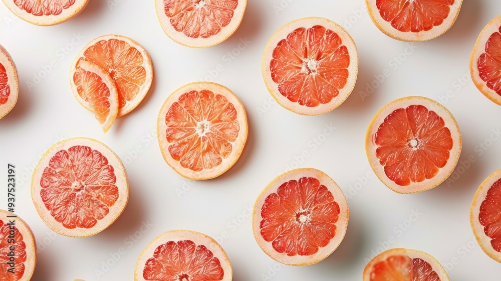 A grapefruit sliced into thin rounds, their translucent flesh revealing the intricate patterns within, arranged in a geometric pattern A grapefruit sliced into thin rounds, their translucent flesh revealing the intricate patterns within, arranged in a geometric pattern