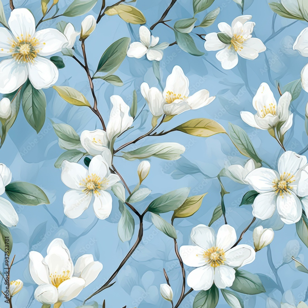 A beautiful pattern of white flowers with green leaves on a light blue background, perfect for use in wallpapers, fabric prints, and stationery designs A beautiful pattern of white flowers with green leaves on a light blue background, perfect for use in wallpapers, fabric prints, and stationery designs