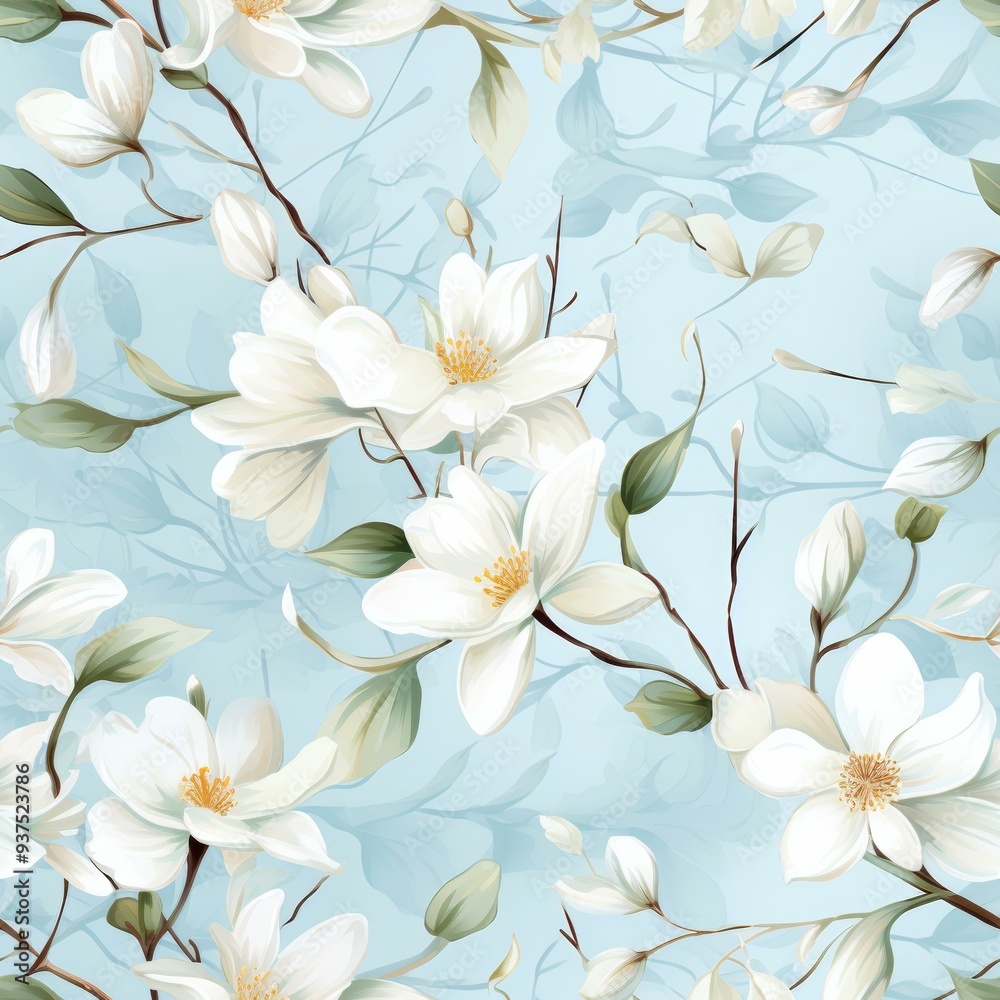 Delicate white magnolia flowers with green leaves on light blue background, ideal for wallpaper, greeting cards, wedding invitations, or textiles, This design adds a fresh