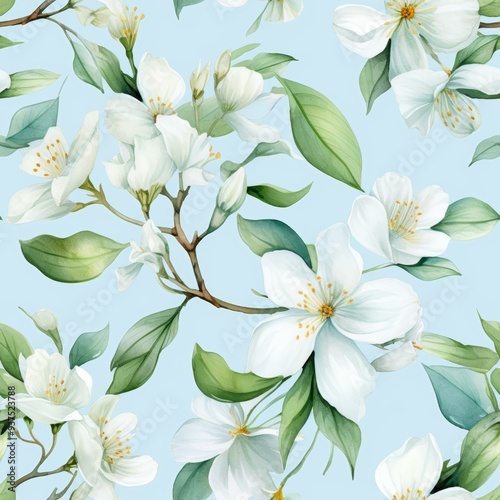 Delicate white flowers and green leaves set against a soft blue background create a calming and elegant design, perfect for wallpapers, invitations, or spring-themed decorations,