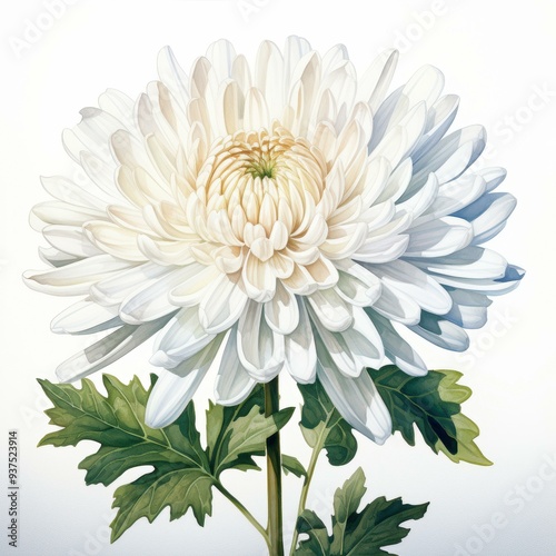 Wallpaper Mural A close-up illustration of a white chrysanthemum bloom with lush green leaves, perfect for botanical art, nature-themed designs, and floral decor projects, Torontodigital.ca