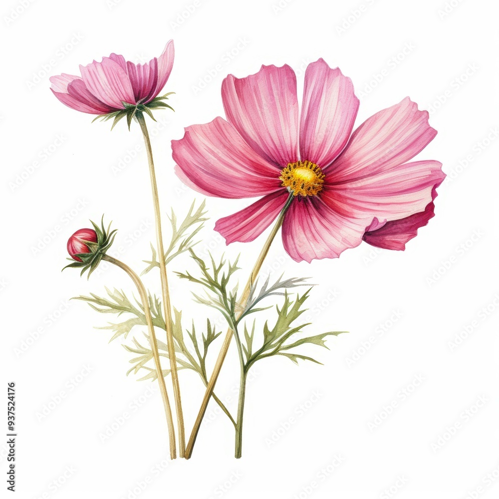 Delicate watercolor illustration of pink cosmos flowers can be used for botanical art, greeting cards, floral-themed designs, and nature-inspired home decor, Delicate watercolor illustration of pink cosmos flowers can be used for botanical art, greeting cards, floral-themed designs, and nature-inspired home decor,