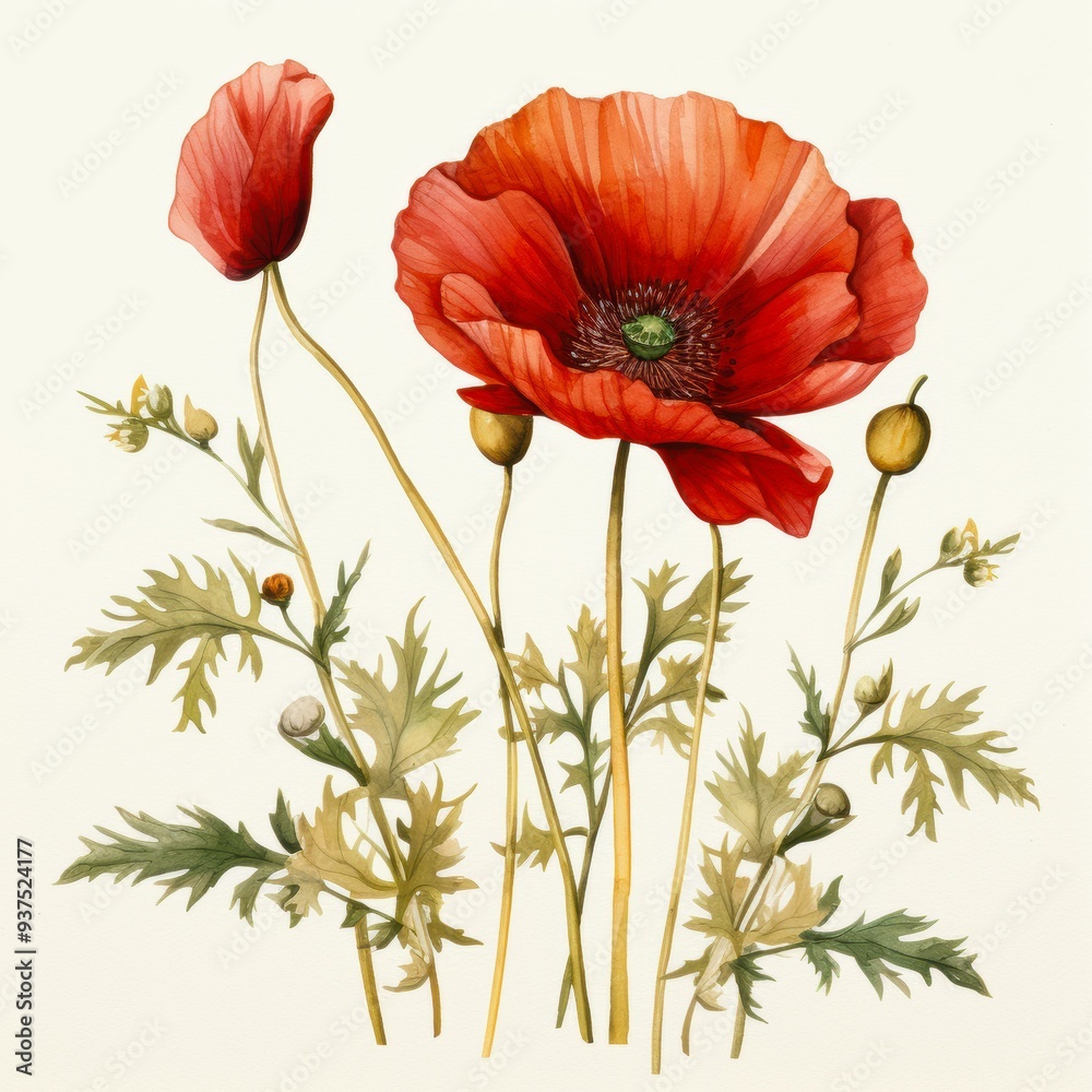 Obraz premium A vibrant watercolor painting of red poppy flowers with delicate green leaves, suitable for home decor, greeting cards, and botanical illustrations,