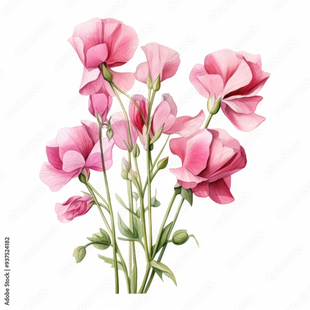 A watercolor illustration of pink sweet pea flowers on white background, ideal for botanical prints, greeting cards, invitations, wedding decor, or floral-themed designs, A watercolor illustration of pink sweet pea flowers on white background, ideal for botanical prints, greeting cards, invitations, wedding decor, or floral-themed designs,