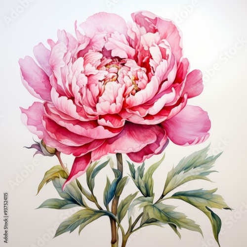 A vivid pink peony bloom with delicate petals and green leaves, set against a soft background, perfect for floral-themed designs, wedding invitations, or home decor art,