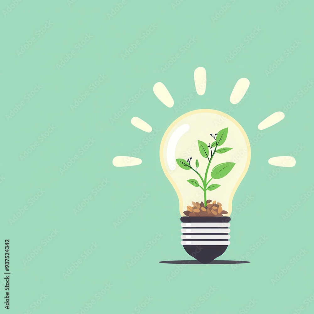 Green Plant Growing Inside Light Bulb on Mint Background Green Plant Growing Inside Light Bulb on Mint Background