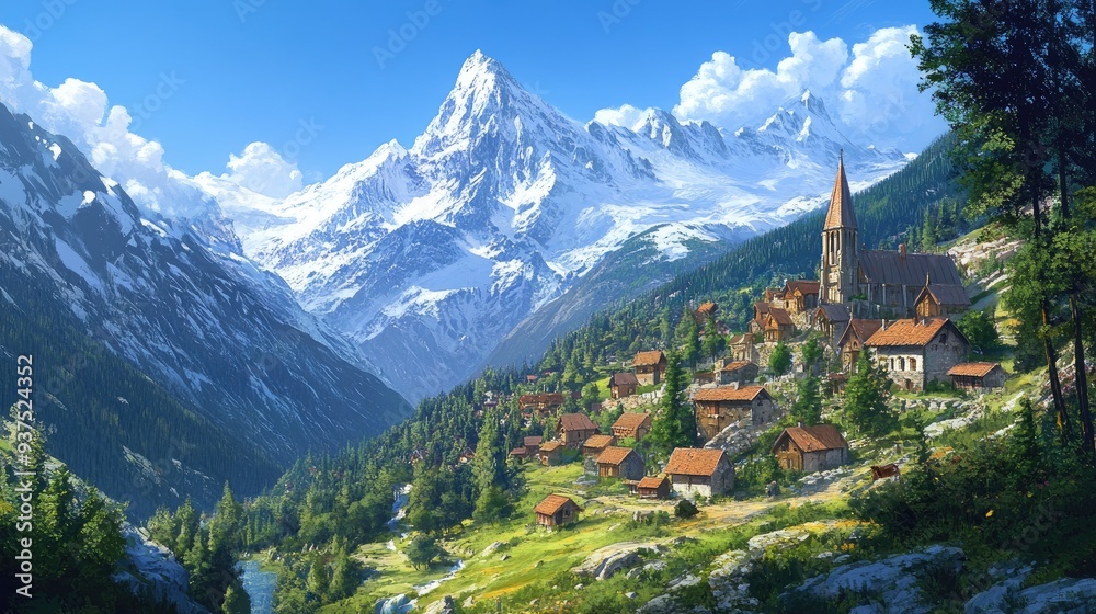 Peaceful mountain village nestled in a valley, surrounded by snow-capped peaks and green forests, under a clear blue sky. Peaceful mountain village nestled in a valley, surrounded by snow-capped peaks and green forests, under a clear blue sky.