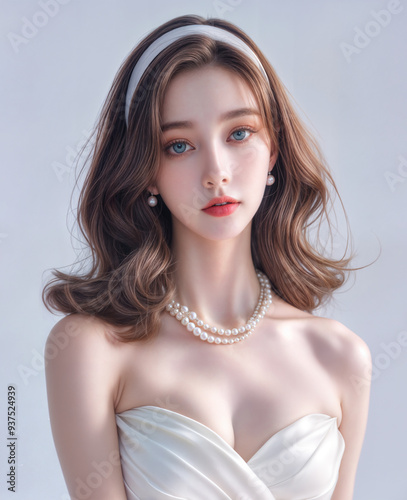 High Quality Detailed, Woman Beauty skin texture, dark hair and white hair band, natural light glowing skin, AI generative