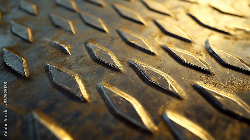 Close-up of a metallic surface with a diamond pattern. The surface is illuminated by the sun, creating a warm, golden glow. Close-up of a metallic surface with a diamond pattern. The surface is illuminated by the sun, creating a warm, golden glow.