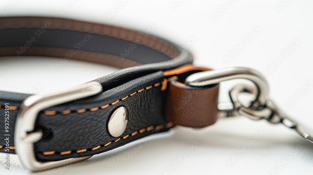 Black and brown leather dog collar with silver buckle on white background Black and brown leather dog collar with silver buckle on white background