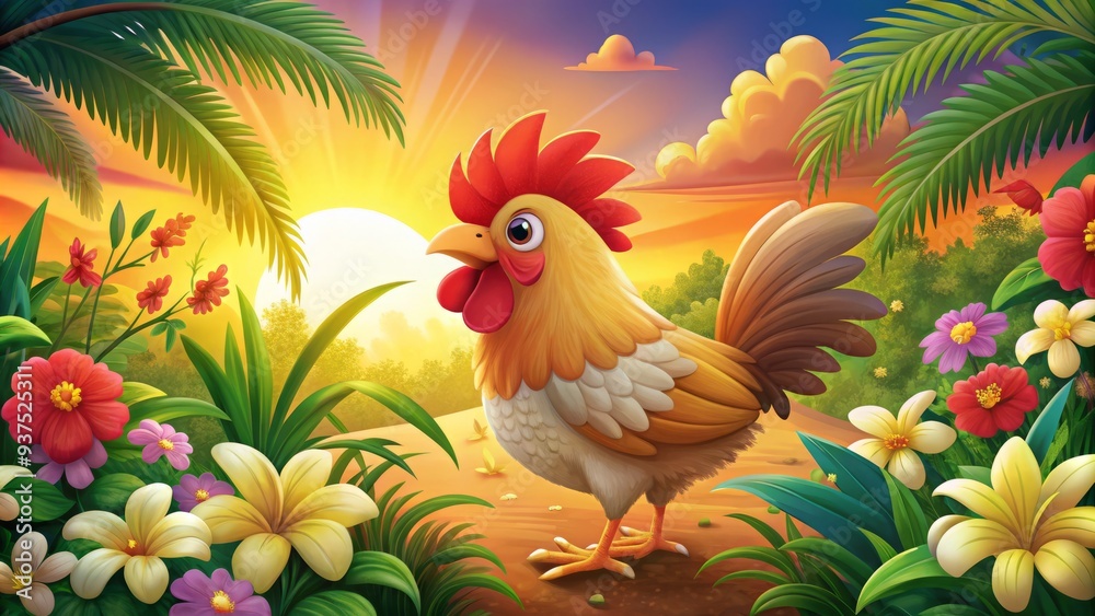 Fototapeta premium playful sunset hues cartoon chicken surrounded by tropical flower clipart