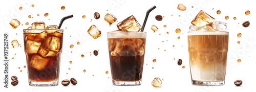 Iced Coffee, Cold Brew, and Iced Latte with Ice Cubes and Coffee Beans photo