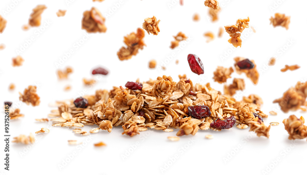 Falling oat granola, crunchy muesli isolated on white background Falling oat granola, crunchy muesli isolated on white background