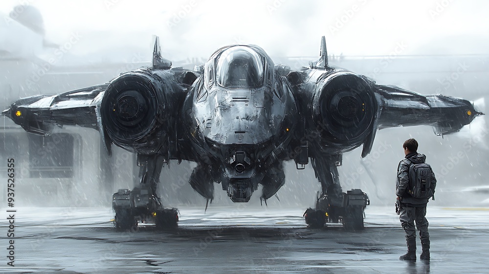 Futuristic Fighter Jet Parked on a Rainy Runway with a Person Standing in the Foreground.
