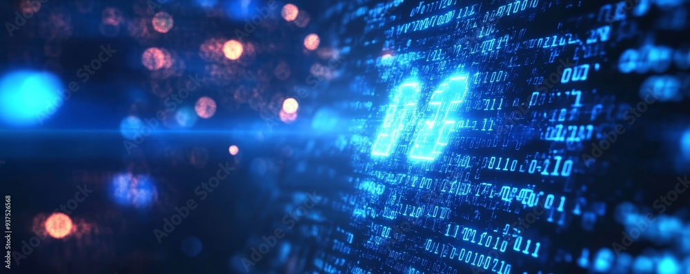 Abstract blue background with digital code and a glowing symbol. Abstract blue background with digital code and a glowing symbol.