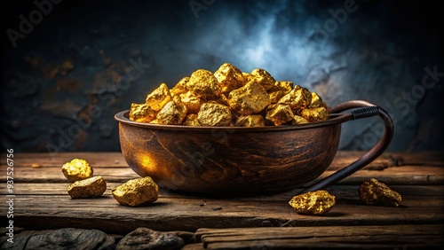 Vibrant, chunky gold nuggets scattered on a weathered, wooden miner's pan, against a dark, moody background, with high-contrast, dramatic lighting photo