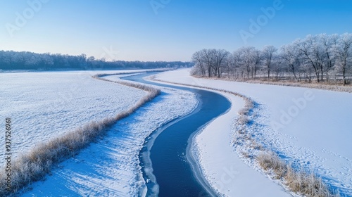 Snow-covered landscape with a frozen river winding through a silent