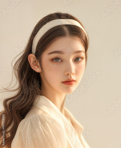 High Quality Detailed, Woman Beauty skin texture, dark hair and white hair band, natural light glowing skin, AI generative