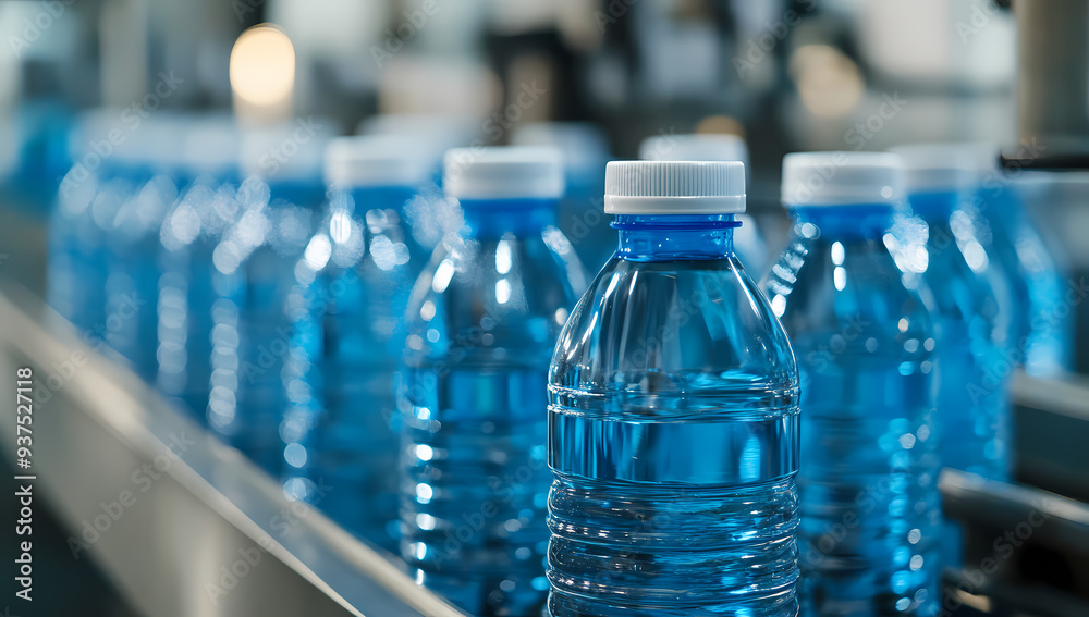 Water Bottles on Production Line in Modern Industrial Setting Water Bottles on Production Line in Modern Industrial Setting