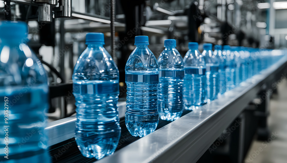 Water Bottles on Production Line in Modern Industrial Setting Water Bottles on Production Line in Modern Industrial Setting