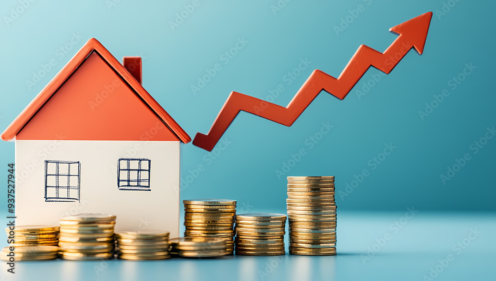 Graph Showing Rising Real Estate Value with Coins and House Model Graph Showing Rising Real Estate Value with Coins and House Model
