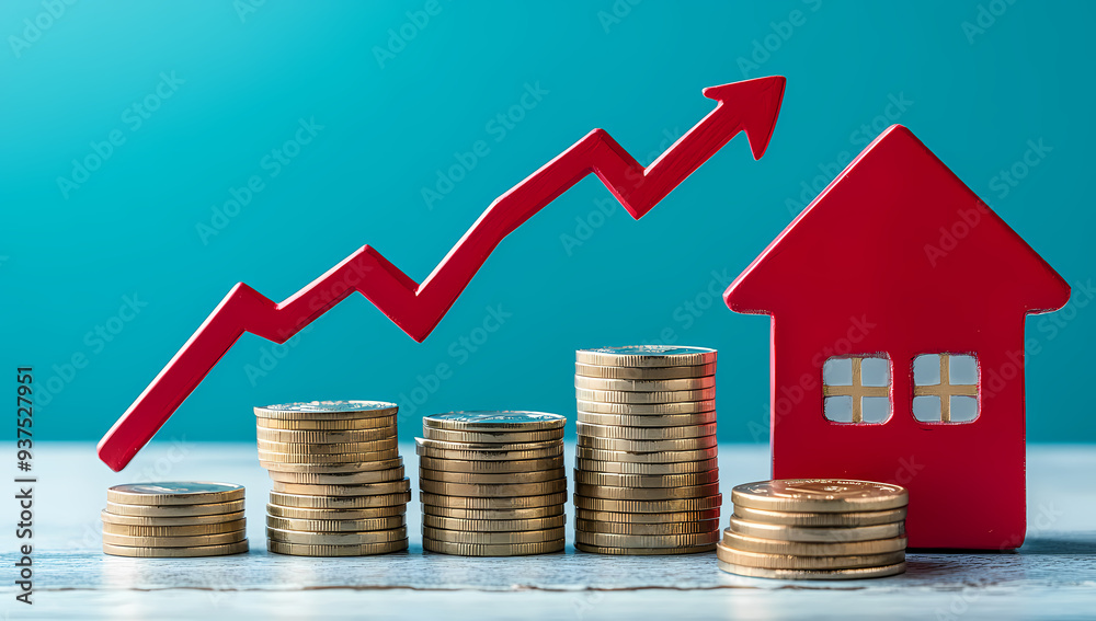 Graph Showing Rising Real Estate Value with Coins and House Model Graph Showing Rising Real Estate Value with Coins and House Model