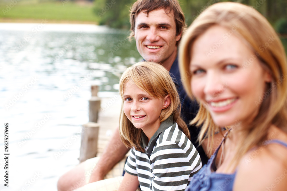 Portrait, family and holiday in nature, lake and vacation for parents and child, outdoor and fun. Water, mom and dad with kid, bonding and travel to river for peace, relax and woman with man in Texas Portrait, family and holiday in nature, lake and vacation for parents and child, outdoor and fun. Water, mom and dad with kid, bonding and travel to river for peace, relax and woman with man in Texas
