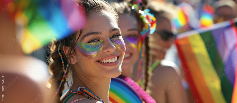 Young woman in rainbow beachwear smiling happy with pride flag.
Young woman in rainbow beachwear smiling happy with pride flag.
