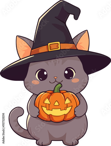 Cute cat in witch's hat with pumpkin. Illustration for Halloween holiday