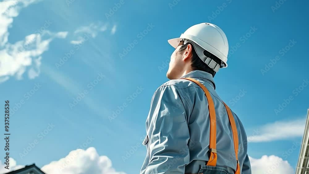 Workers in work clothes standing in the blue sky , construction Workers in work clothes standing in the blue sky , construction