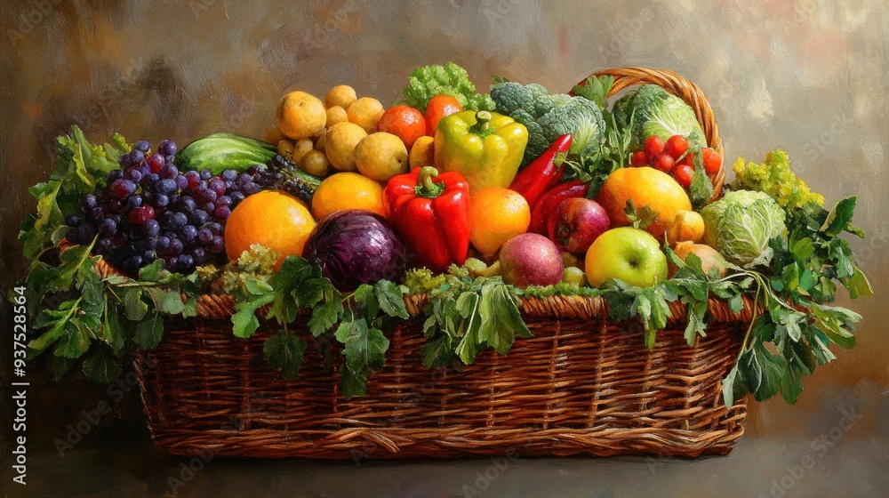 A Wicker Basket Overflowing with Fresh Fruits and Vegetables A Wicker Basket Overflowing with Fresh Fruits and Vegetables
