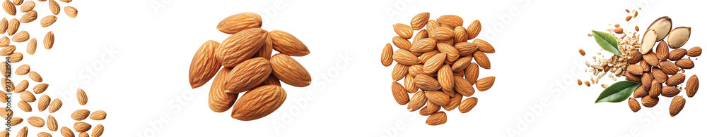 Diverse collection of almonds arranged artistically on white background, on the Transparent background, PNG Format Diverse collection of almonds arranged artistically on white background, on the Transparent background, PNG Format