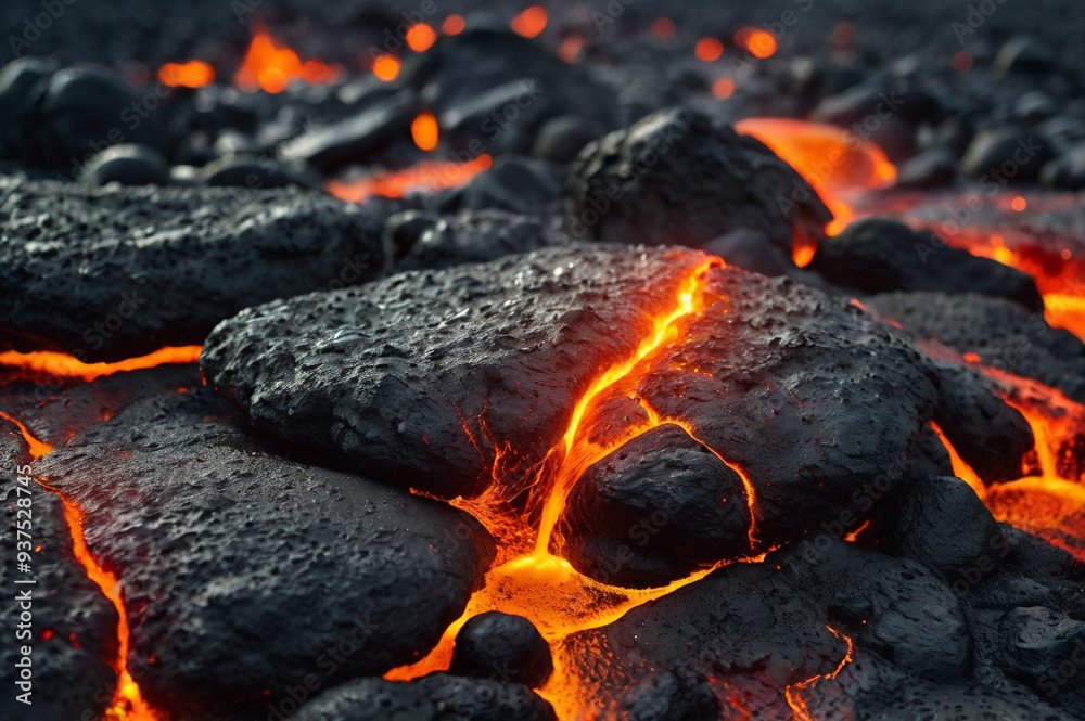 Flowing Lava Through Volcanic Rock Crevices
