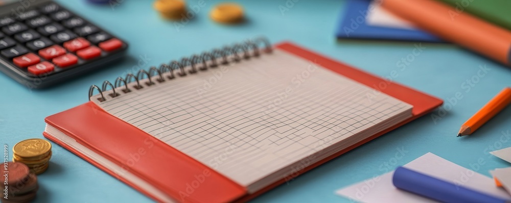Red spiral notebook on blue desk with calculator, pencils and crayons. Red spiral notebook on blue desk with calculator, pencils and crayons.