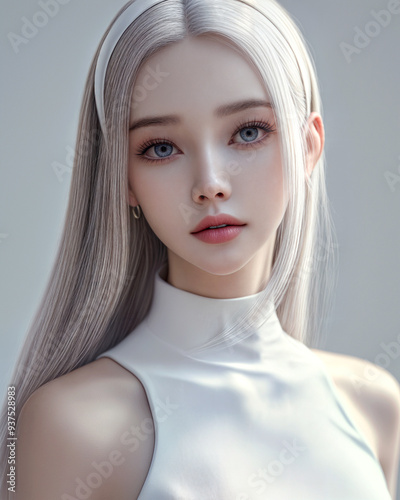 High Quality Detailed, Woman Beauty skin texture, ash gray hair and white hair band, natural light glowing skin, AI generative