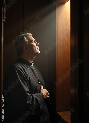 A priest listens in a confession booth, illuminated by soft light that enhances the serene atmosphere. photo